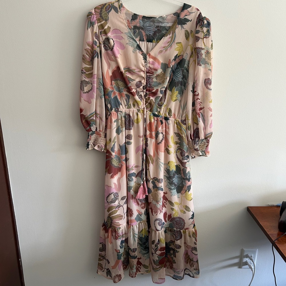 Soft Surroundings Dress Pink Floral L Midi Metallic Chiffon Tiered Boho 2GB94